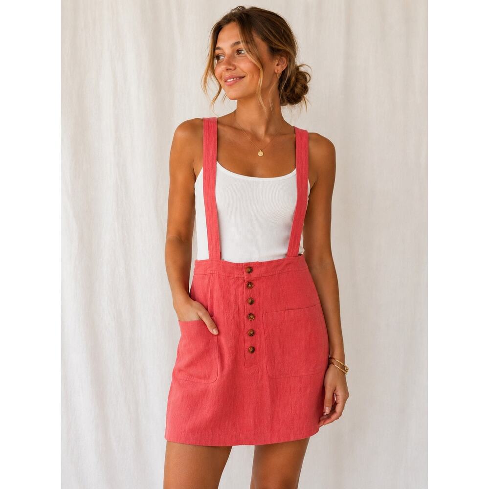 HYFVE Coral Linen Suspender Mini Skirt Women’s L Button Front Pockets Adjustable